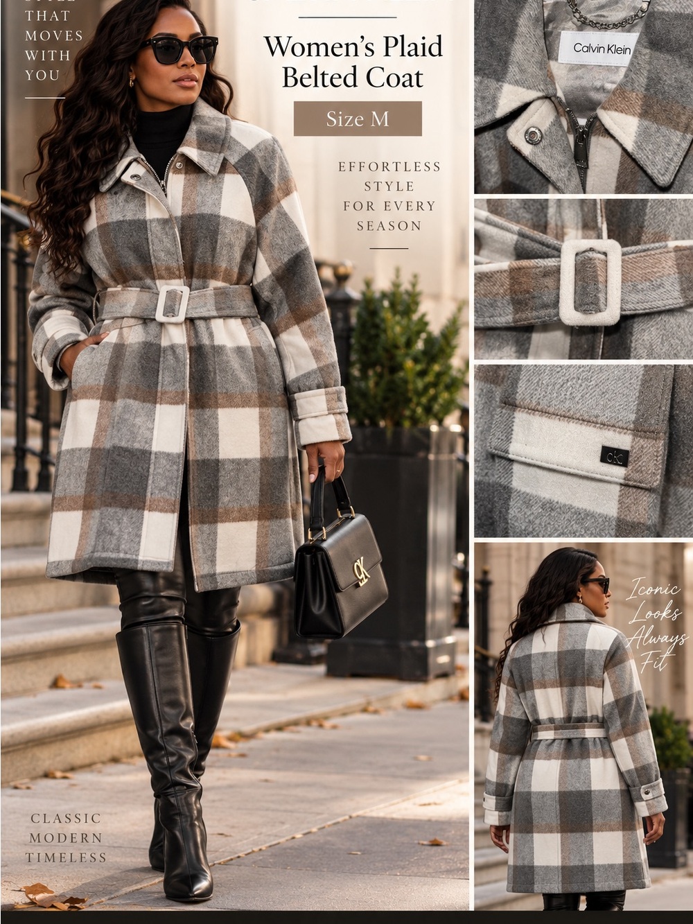 Calvin Klein Plaid Belted Pea Coat in Gray, Cream & Brown Sz Med- NWOT